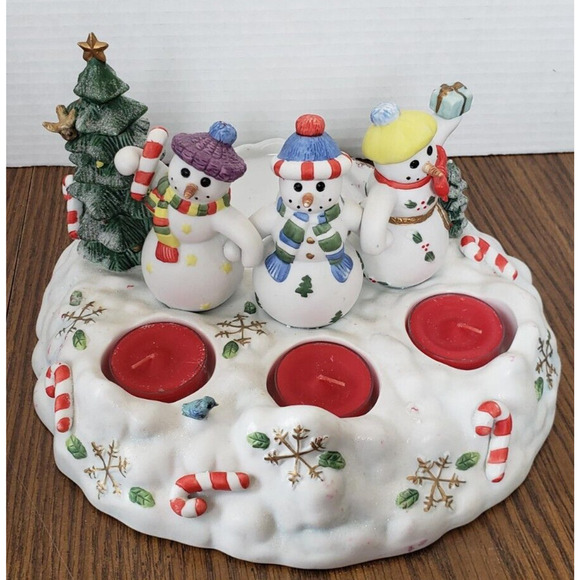 Partylite Snowbell Collection 3 Snowmen Trio Tea Light And Pillar Candle Holder - Picture 2 of 12